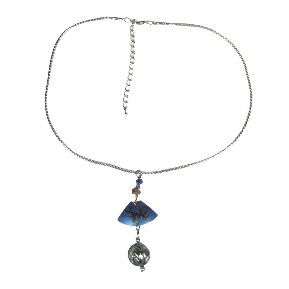 UPCYCLED Silvertone Chain Necklace 18 Inch Pendant Dangle Iridescent Statement